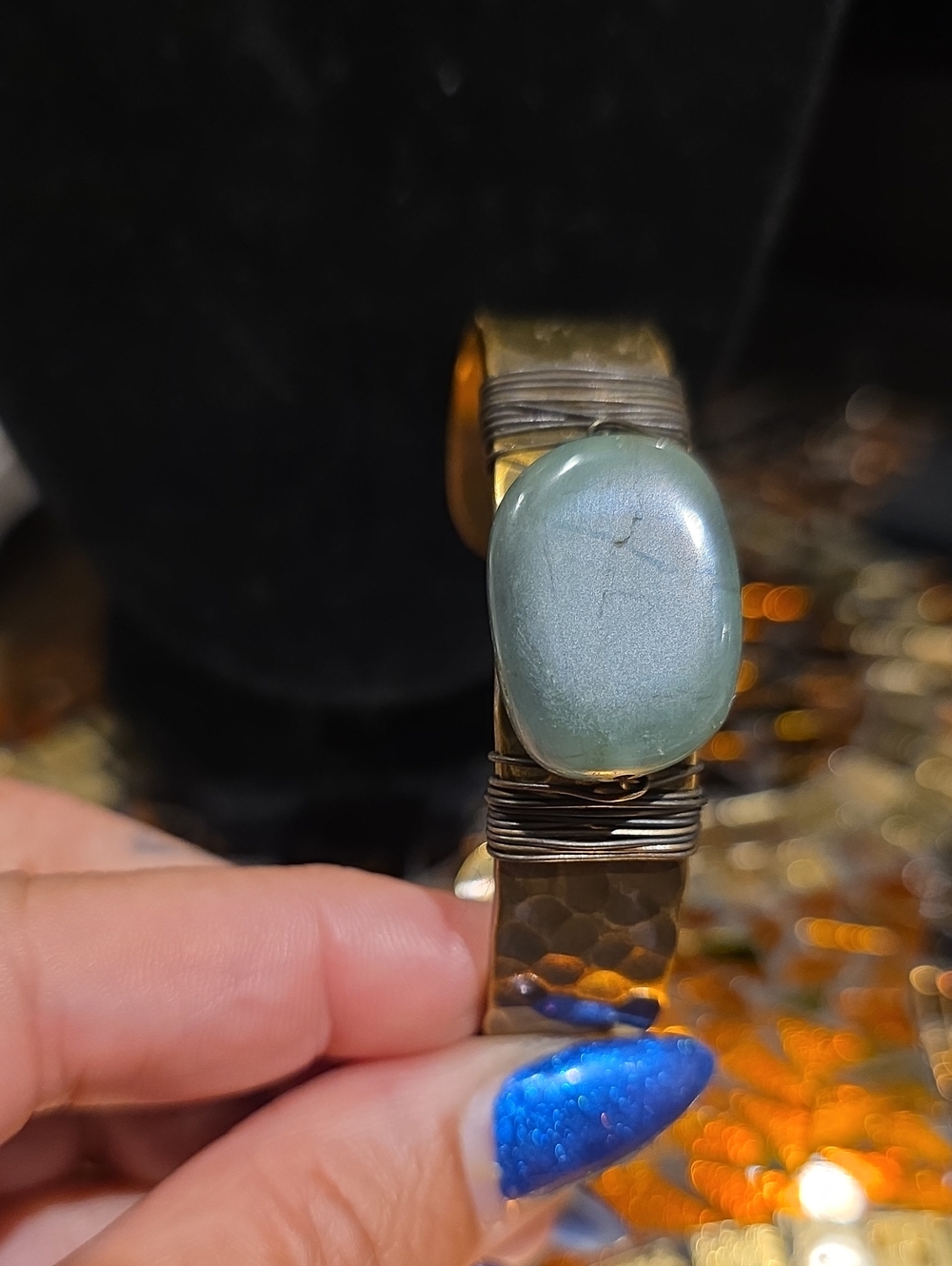 Vintage Green Stone Wire-Wrapped Ring with Gold Band